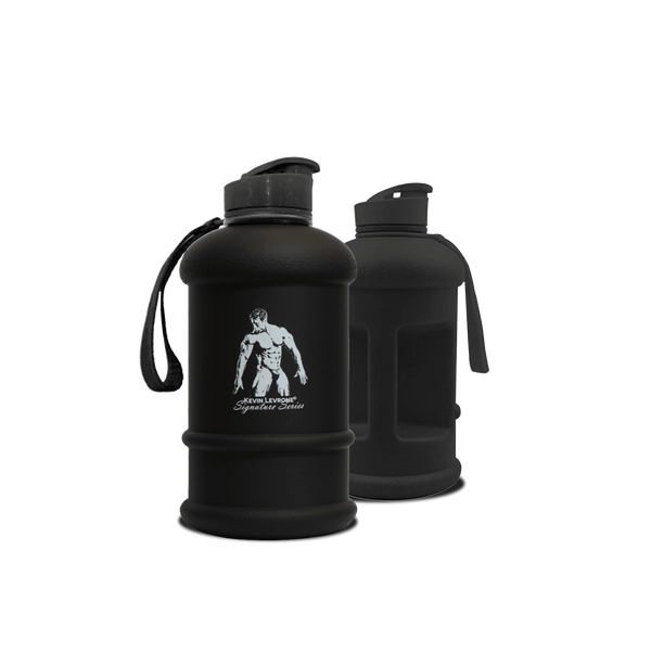  A black water bottle featuring a prominent white logo, designed for hydration and branding purposes.