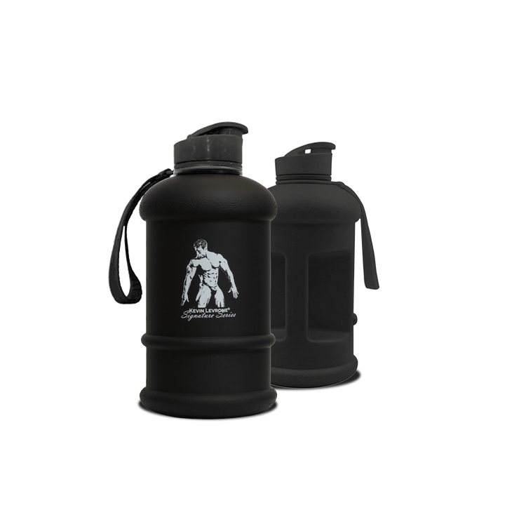  A black water bottle featuring a prominent white logo, designed for hydration and branding purposes.