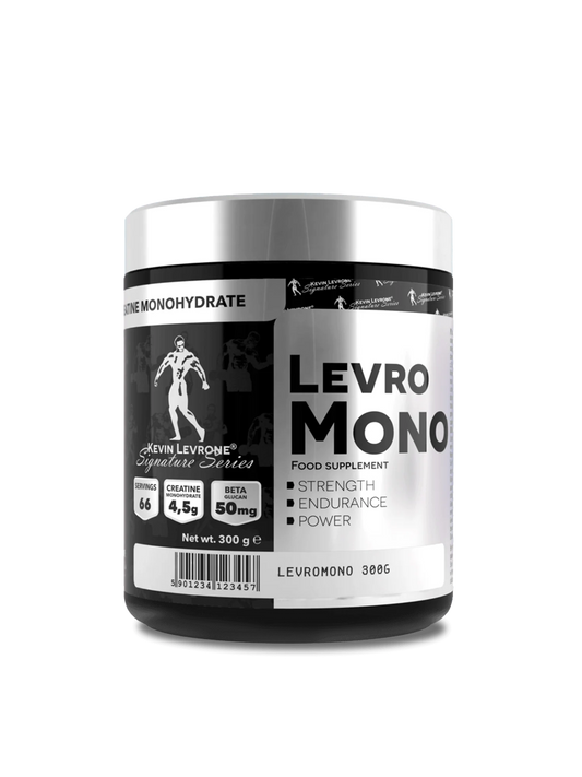 LevroMono Creatine Monohydrate by Kevin Levrone – Supplement Facts. 4.5g pure creatine monohydrate with beta-glucan for strength, endurance, and muscle growth."