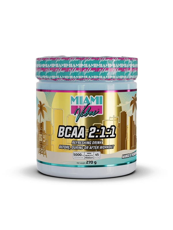 BCAA supplement container with colorful label on a white background