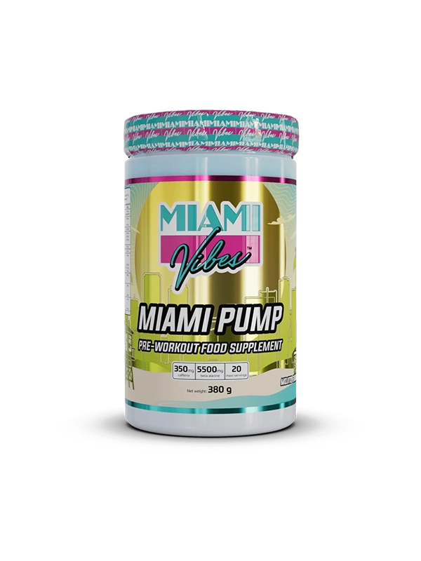 Miami Vibes Miami Pump pre-workout supplement container on a white background