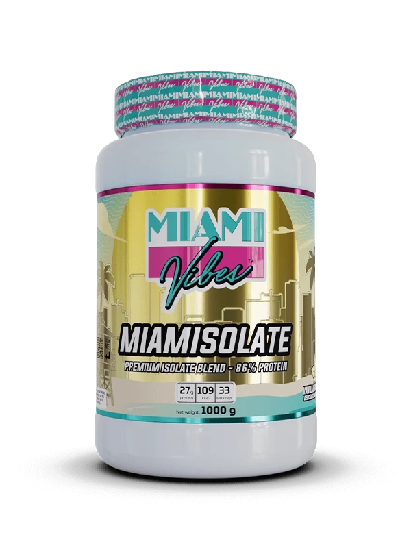 Supplement container labeled 'Miami Vibes Miamisolate' on a white background