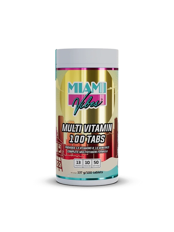 Multivitamin supplement container with 'Miami Vibes' branding on a white background