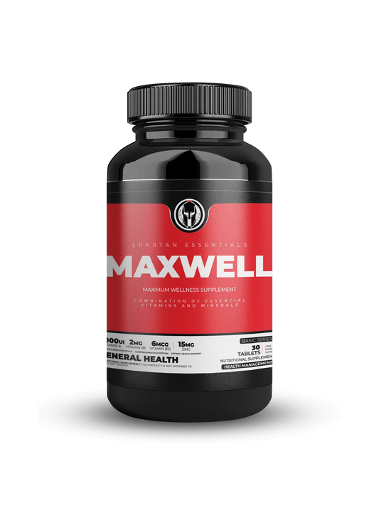 A clear bottle of Maxwell supplement, featuring a label with nutritional information and a secure cap, placed on a white background.