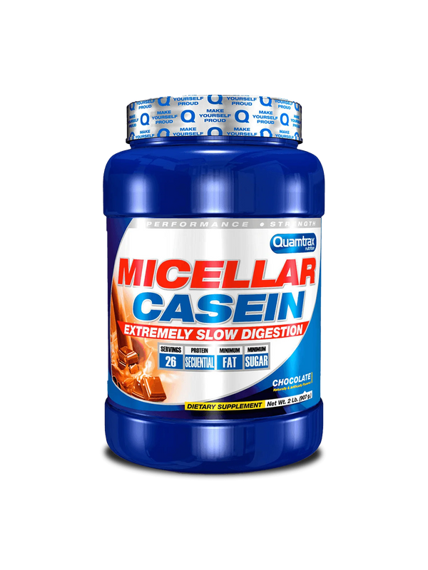 Micellar Casein by Quamtrax – Slow-digesting protein with a 7-hour release for muscle recovery, lean growth, and sustained energy.