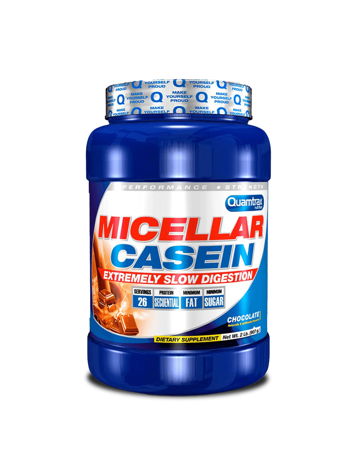 Micellar Casein by Quamtrax – Slow-digesting protein with a 7-hour release for muscle recovery, lean growth, and sustained energy.