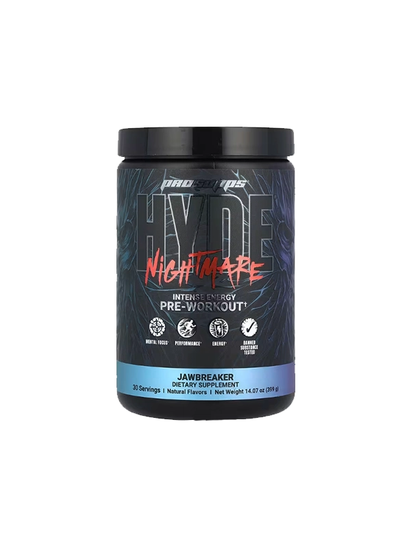 Pre-workout supplement container labeled 'ProSupps Hype Nightmare' on a white background