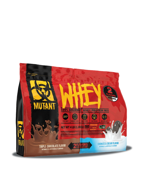 Mutant chocolate whey protein powder in a sleek container, emphasizing its delicious taste and high-quality protein content.