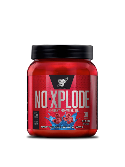 A container of No Xplode Raspberry dietary supplement, showcasing its vibrant raspberry flavor and energetic branding.