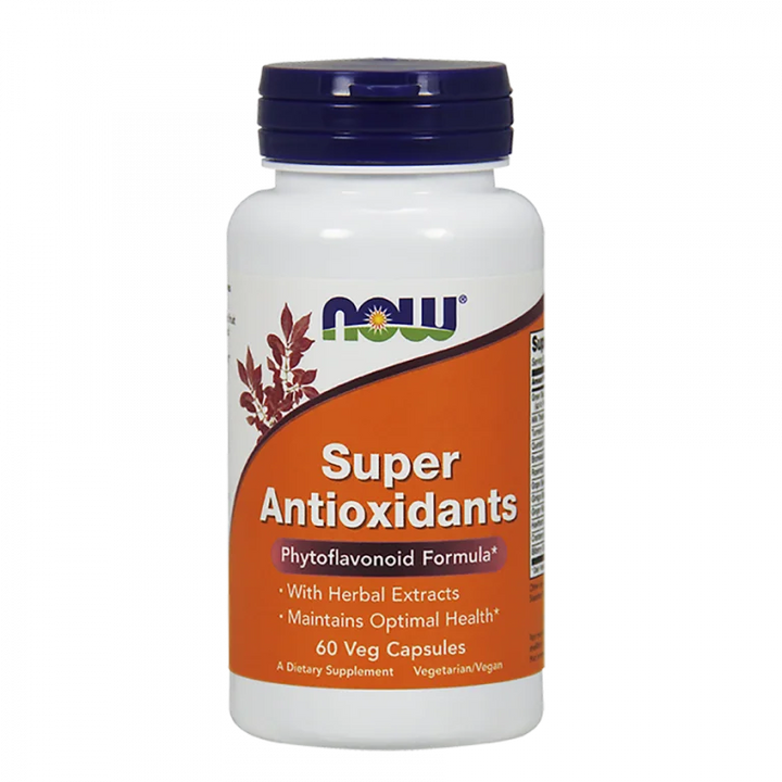 A bottle of Now Super Antioxidants containing 60 softgels, highlighting its health benefits and antioxidant properties.