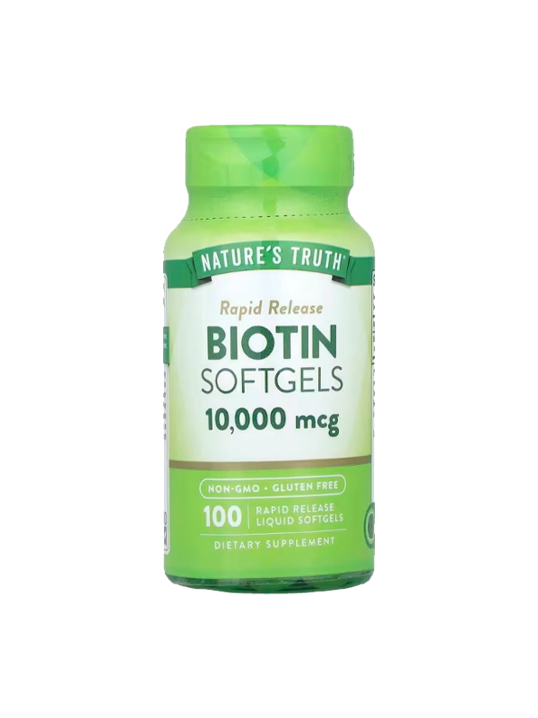 Bottle of Nature's Truth Biotin Softgels on a white background
