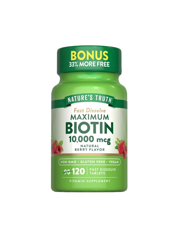 Green bottle of Nature's Truth Maximum Biotin supplement on a white background