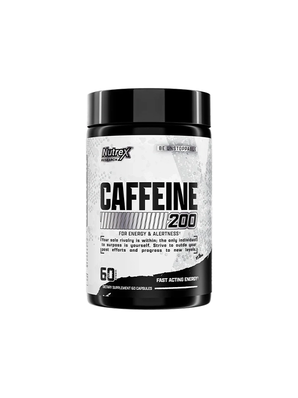 Nutrex Caffeine capsules spilled out next to bottle