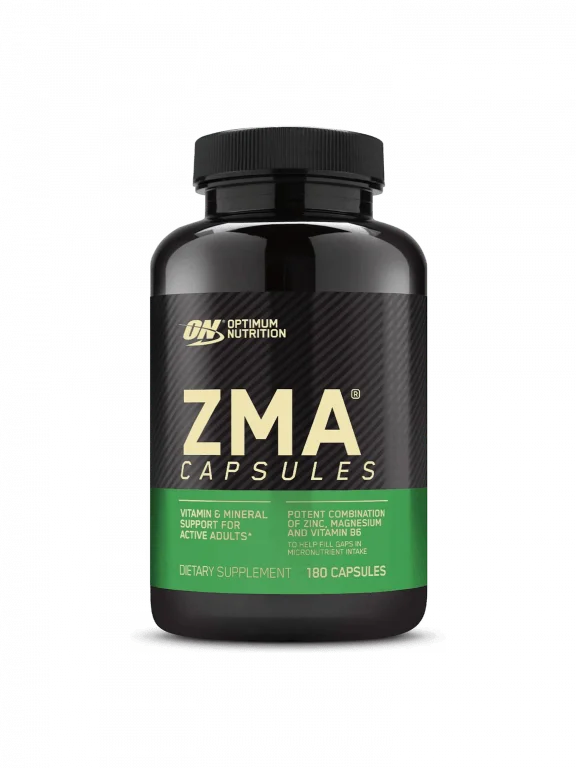 Optimum Nutrition ZMA — Zinc, Magnesium Aspartate, and Vitamin B6 capsules for muscle recovery and better sleep.