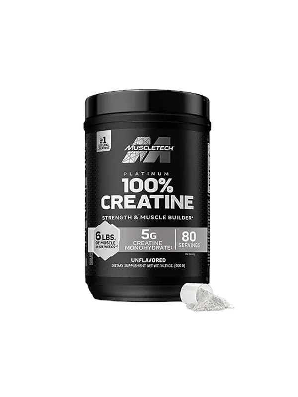 MuscleTech Platinum 100% Creatine supplement container on a white background