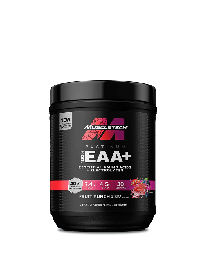 A container of Eaa+ Fruit Punch Amino Acids, showcasing its vibrant color and nutritional benefits.