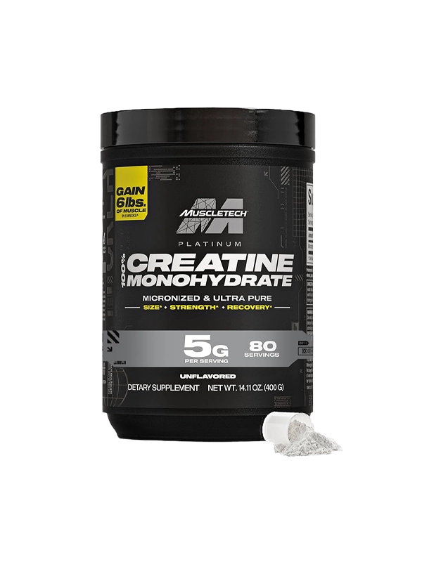 MuscleTech Platinum 100% Creatine supplement container on a white background