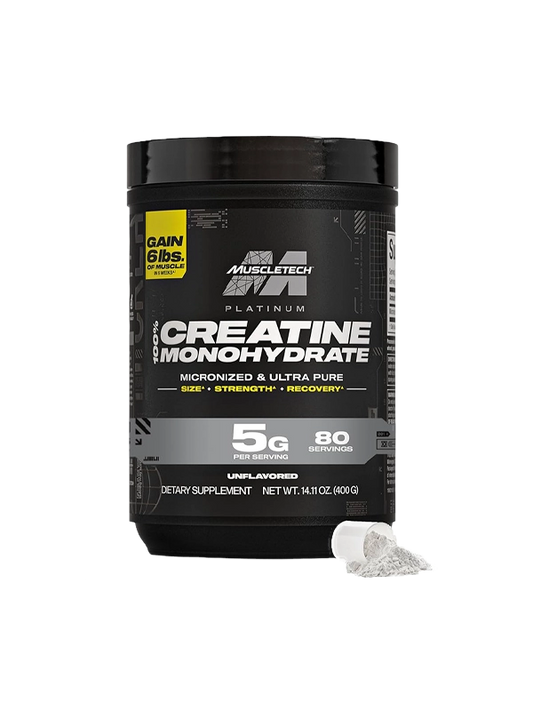 MuscleTech Platinum 100% Creatine supplement container on a white background
