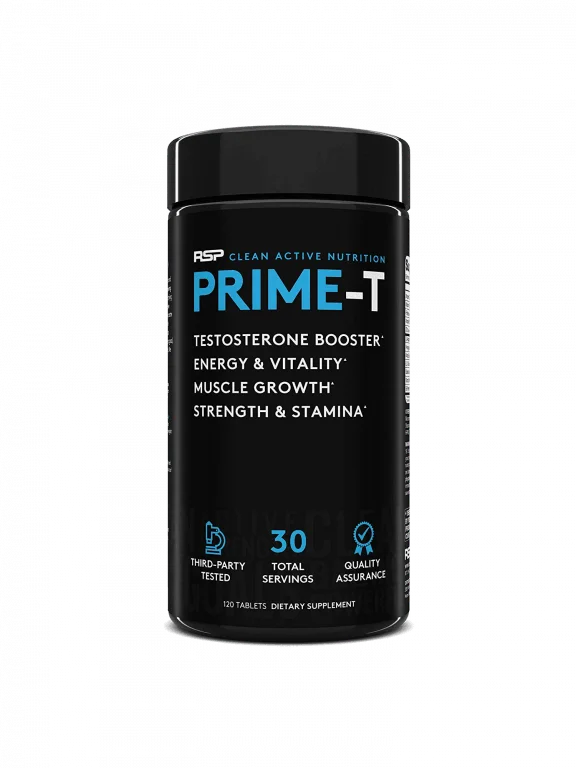 Prime-T Testosterone Booster by RSP Nutrition — supports muscle growth, testosterone levels, and hormonal balance.