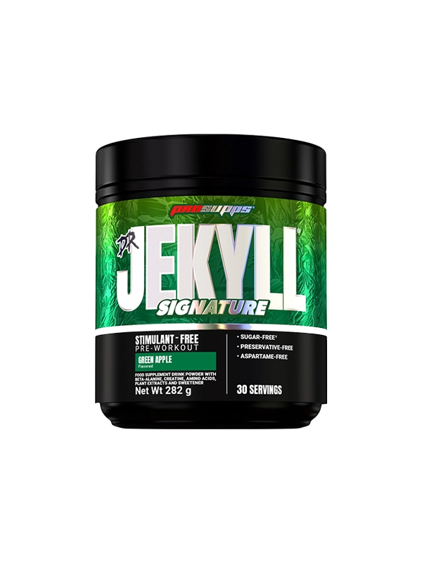 Jekyll Signature pre-workout supplement container with green and black design on a white background