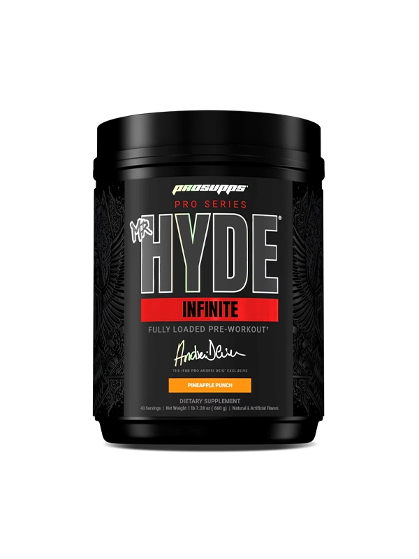 Black container of ProSupps Mr. Hyde Infinite pre-workout supplement on a white background
