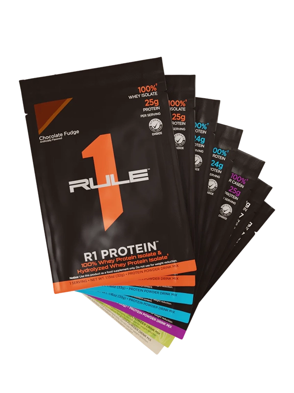 Rule 1 Protein packages on a white background