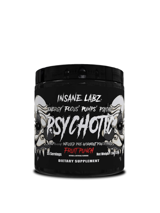 Psychotic Black pre-workout by Insane Labz — moderate-stim formula for energy, focus, and strength without crash.