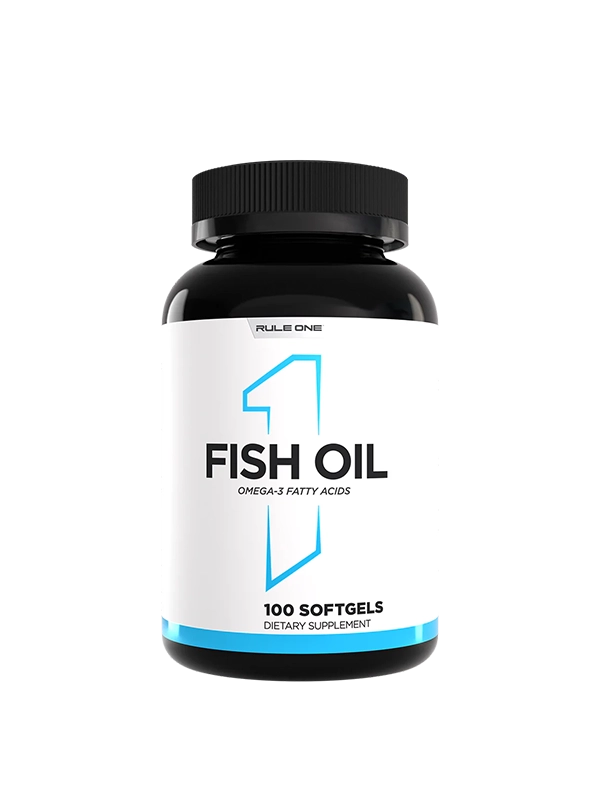 A container of fish oil, featuring 100 softgel capsules, prominently shown for dietary supplement purposes.