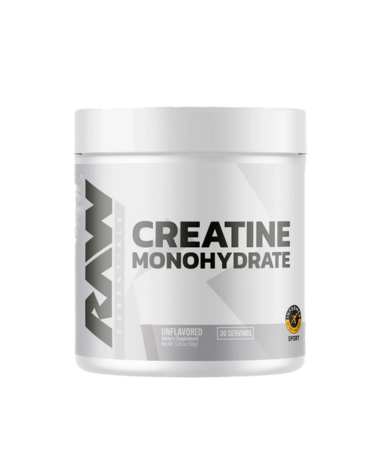 Container of creatine monohydrate powder on a white background