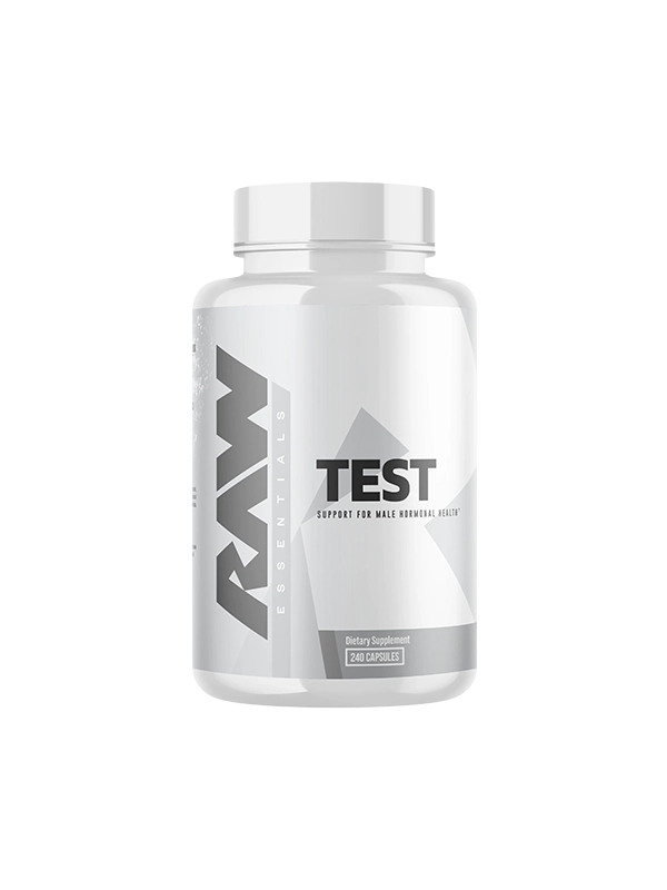 Supplement bottle labeled 'TEST' by RAW on a white background