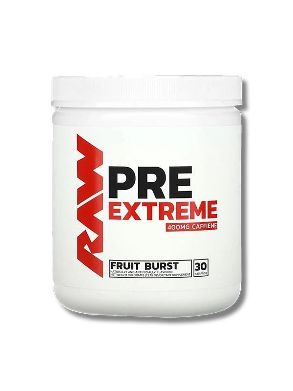 Scoop of Raw Pre Extreme pre-workout in shaker with Fruit Burst flavor