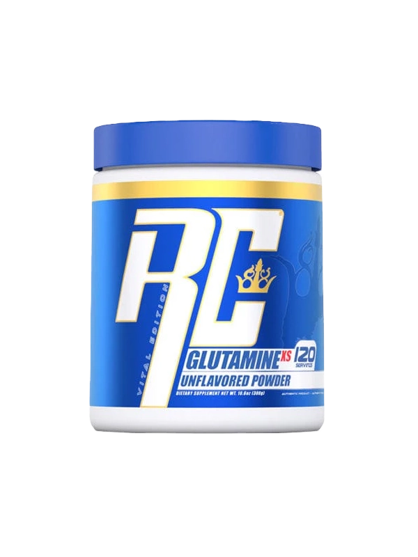 Blue and white container of RC Supplements Glutamine powder on a white background