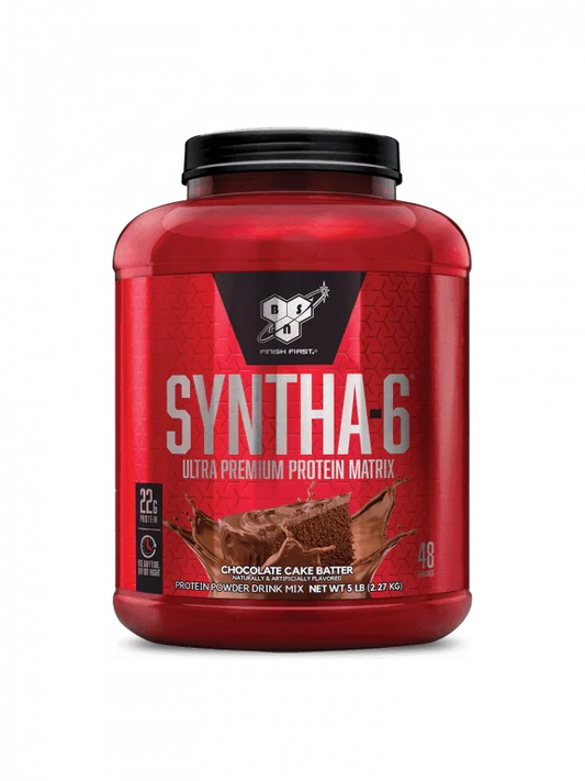 A container of Optimum Nutrition Syntha-6 chocolate protein powder, showcasing its rich chocolate flavor and nutritional benefits.