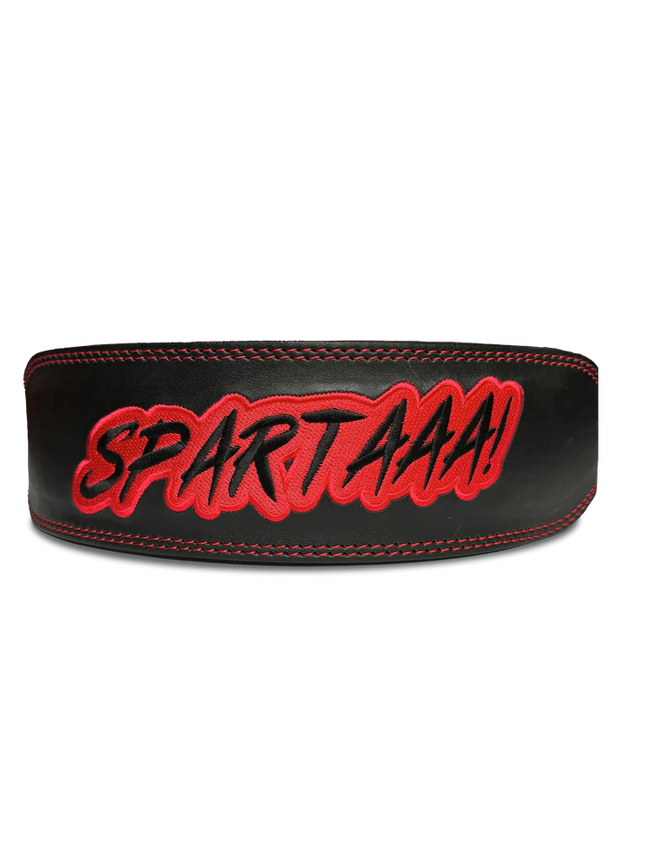 A black and red leather belt featuring the word "spiritma" prominently displayed on its surface.