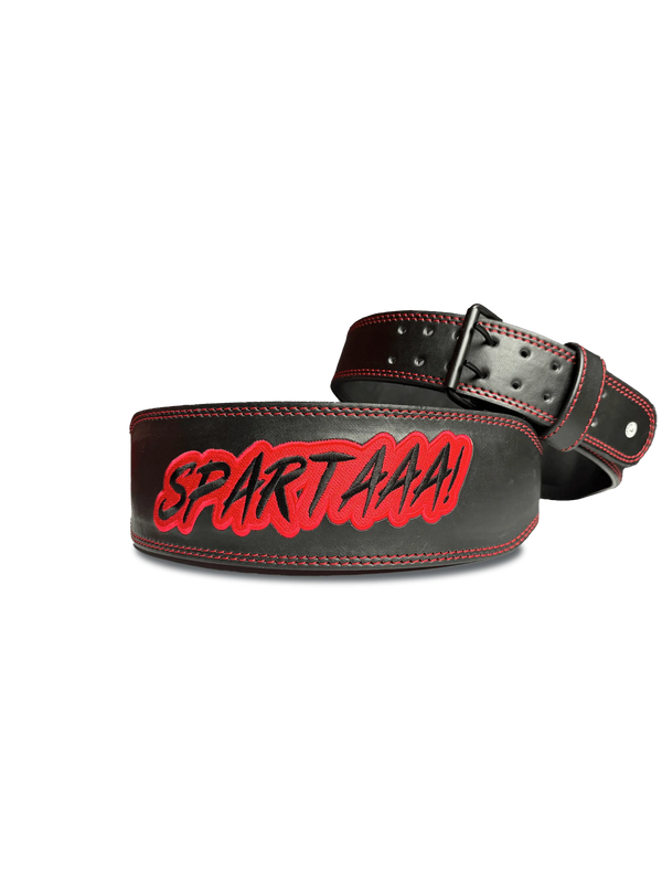 A black and red leather belt featuring the word "Spartaaa" prominently displayed on its surface.