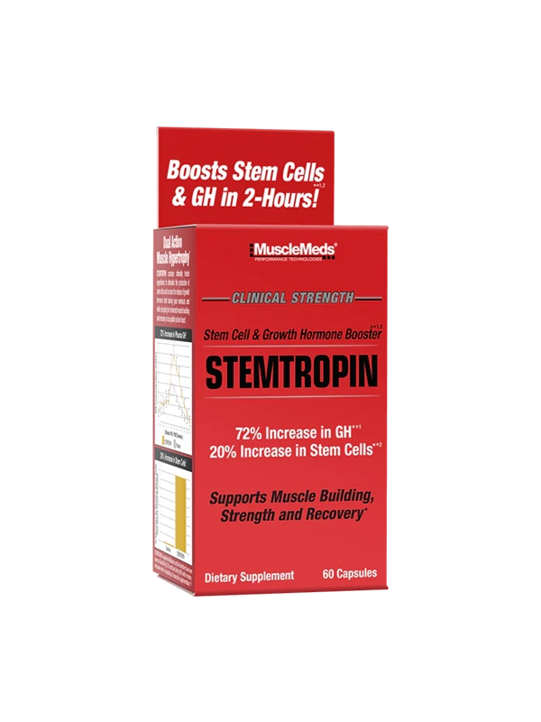 Red supplement box for MuscleMeds Stemtropin on a white background