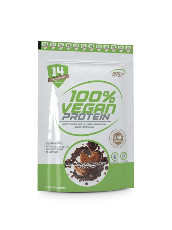 A rich, dark chocolate bar labeled as 100% vegan protein, showcasing its plant-based ingredients and nutritional benefits.