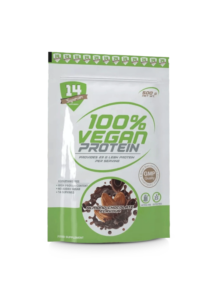 A rich, dark chocolate bar labeled as 100% vegan protein, showcasing its plant-based ingredients and nutritional benefits.