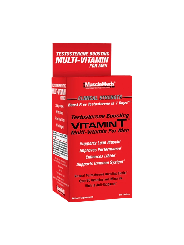 Red box of MuscleMeds Testosterone Boosting Multi-Vitamin for Men on a white background