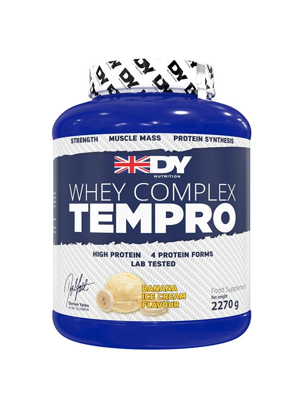 Protein supplement container labeled 'Whey Complex Tempro' with blue and white design.