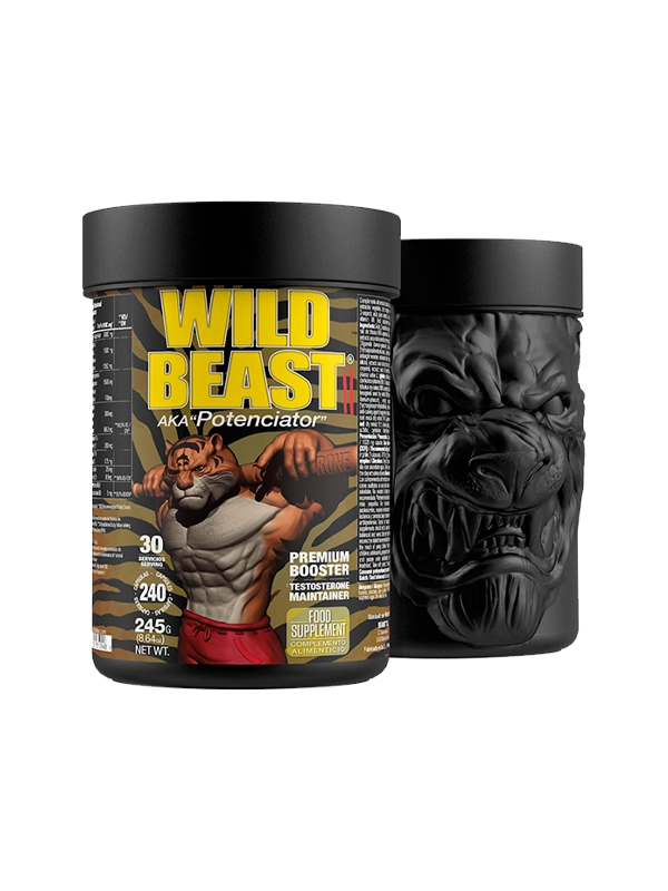Two containers of Wild Beast supplement with a muscular figure on the label.