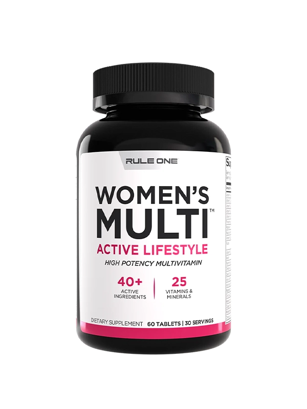 Women's multi active lifestyle supplement displayed with vibrant fruits and natural ingredients, emphasizing wellness and energy.