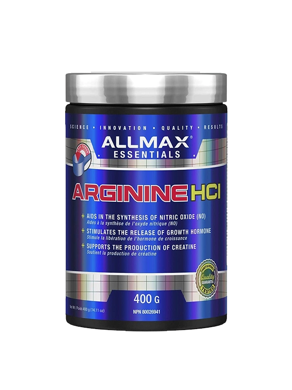 Allmax Essentials Arginine HCL supplement container on a white background