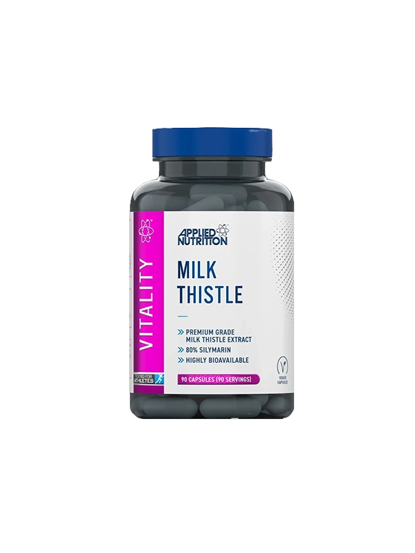 Bottle of Applied Nutrition Milk Thistle supplement on a white background