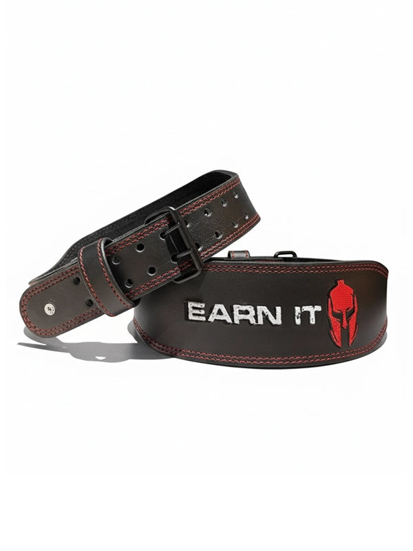 Black weightlifting belt with 'Earn It' and Spartan logo on a white background