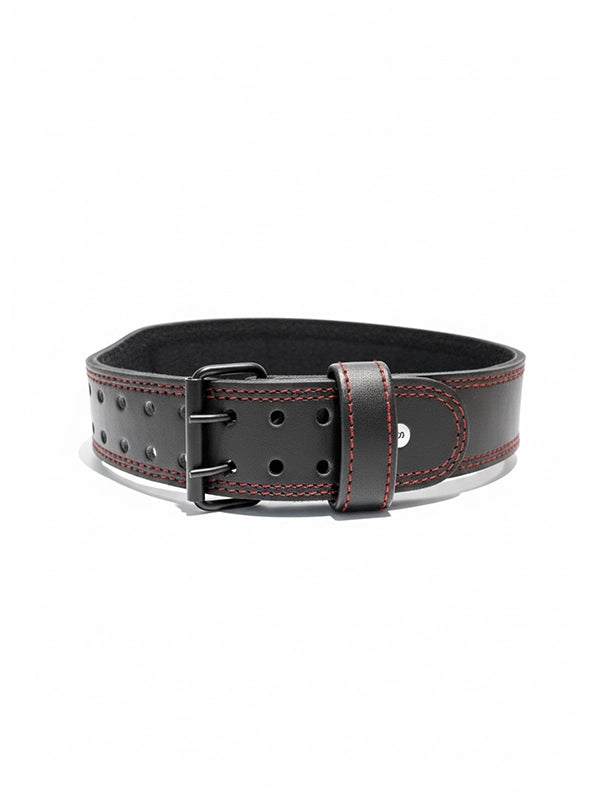 Gray leather belt with brown stitching on a white background