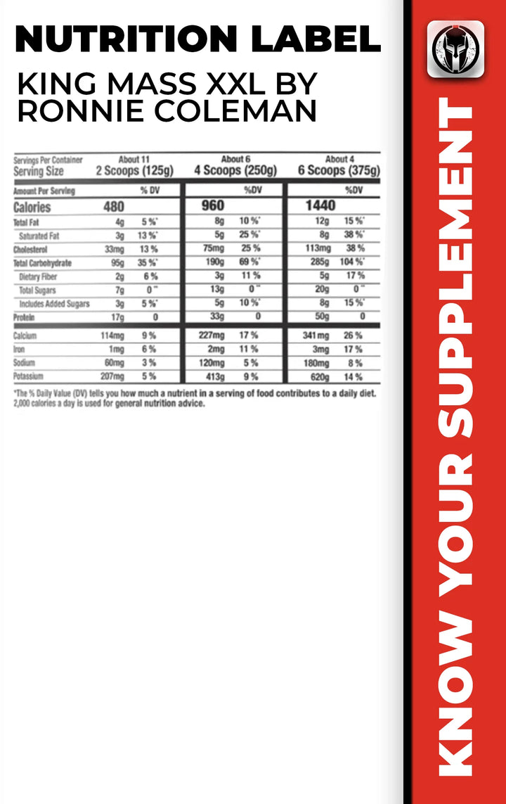 Nutrition label for King Mass XL by Ronnie Coleman, detailing ingredients and nutritional values for informed dietary choices.