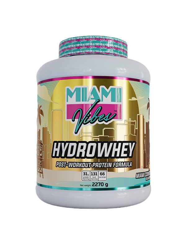 Hydrowhey protein supplement container with 'Miami Vibes' branding on a white background
