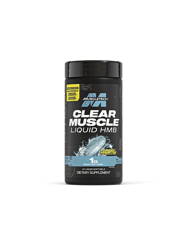 MuscleTech Clear Muscle Liquid HMB supplement bottle on a white background