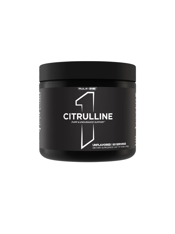 Black container of Rule One Citrulline powder on a white background